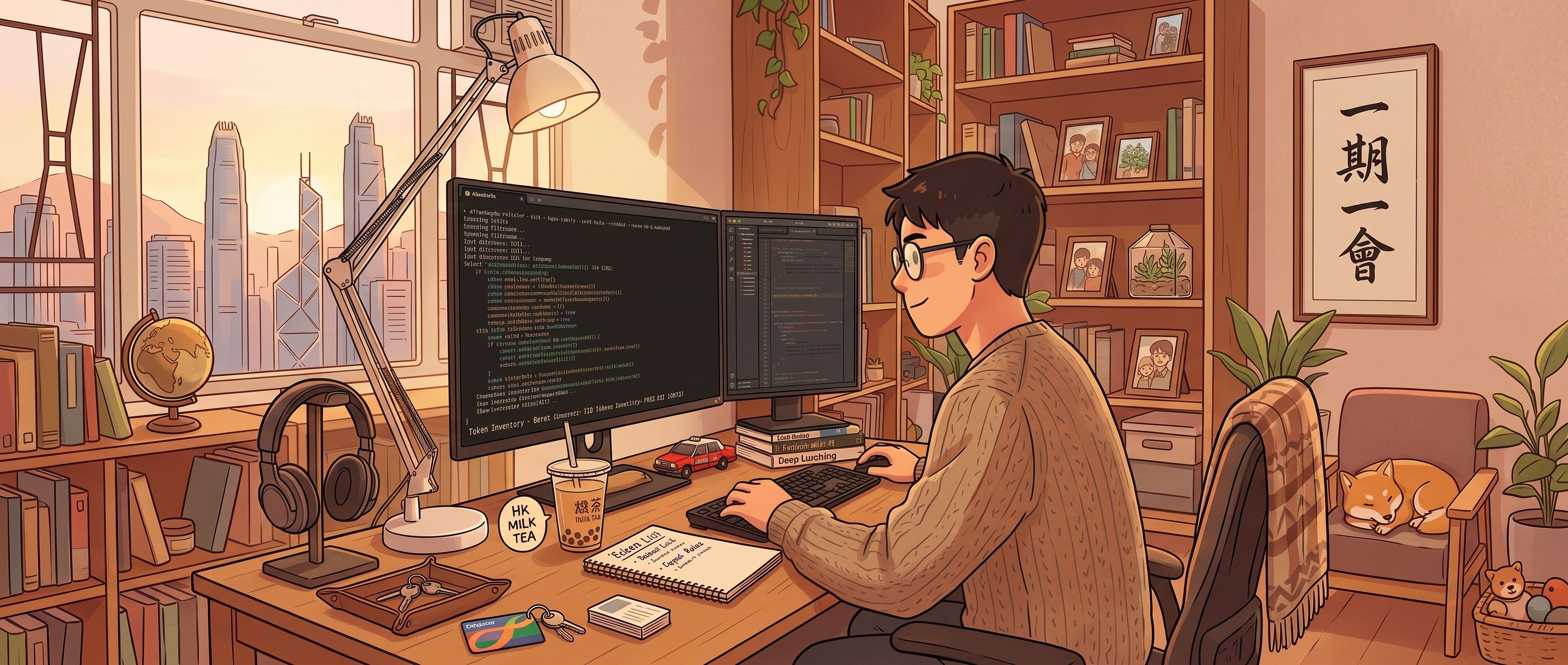Illustration of Eric coding at a desk with the Hong Kong skyline in the window